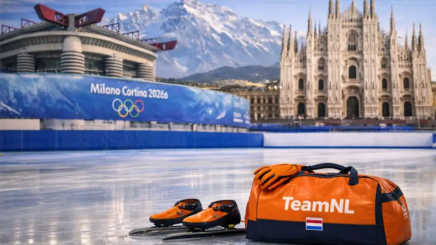 TeamNL schaatsers en Chef de Mission Carl Verheijen tijdens voorbereiding op Winterspelen 2026.